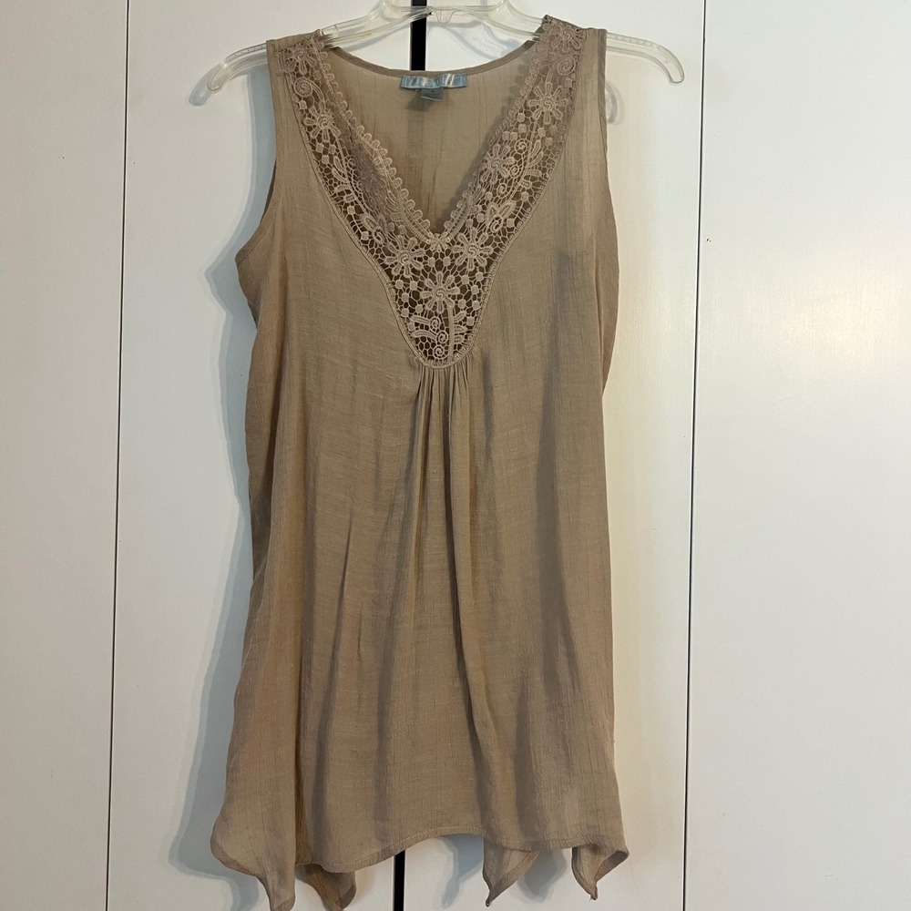 Boho‎ Crochet Lace Tunic Tank Top Sharkbite Hem Beige Cottagecore Women Small